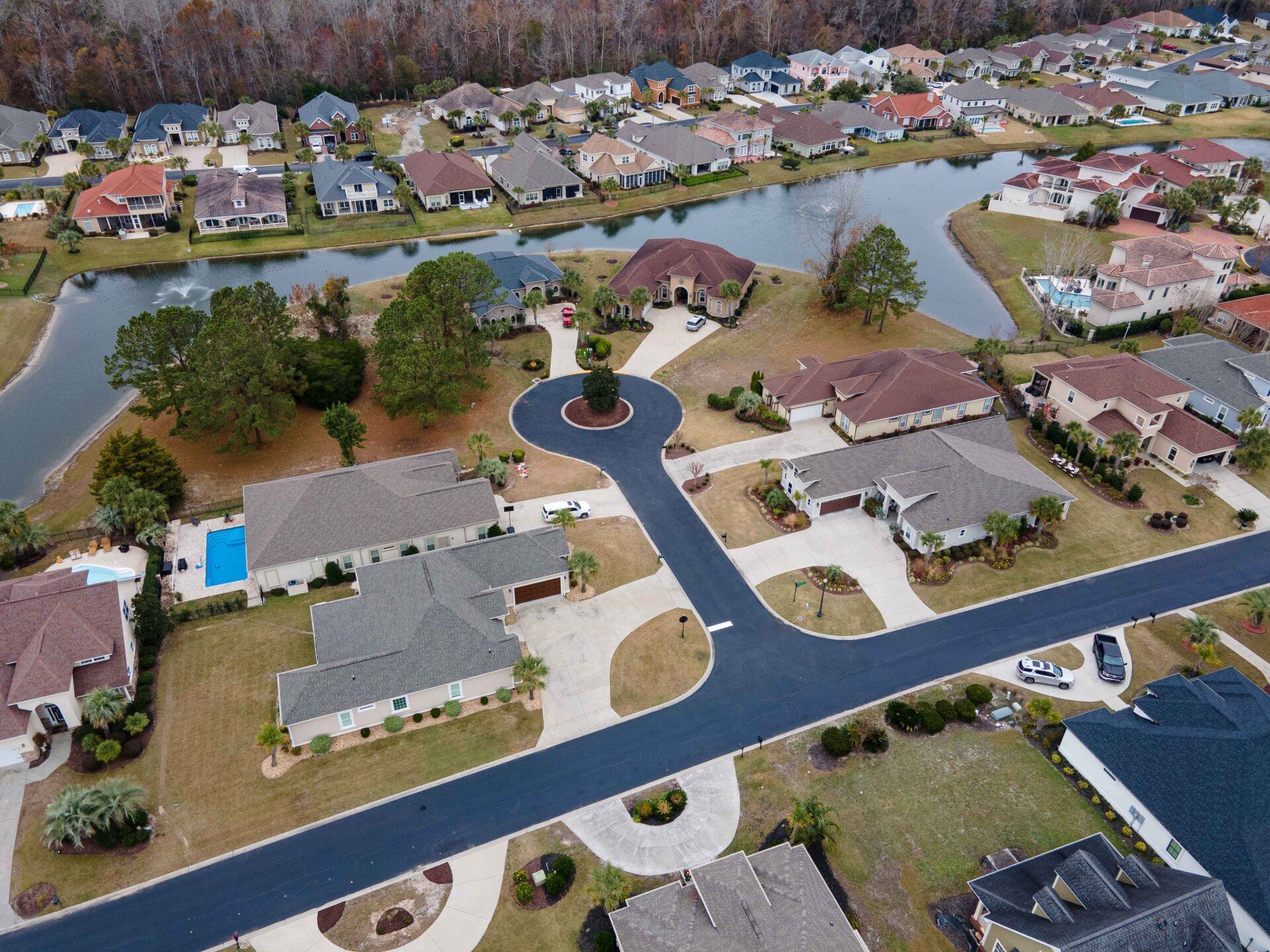 An aerial view of a residential area with lots of houses