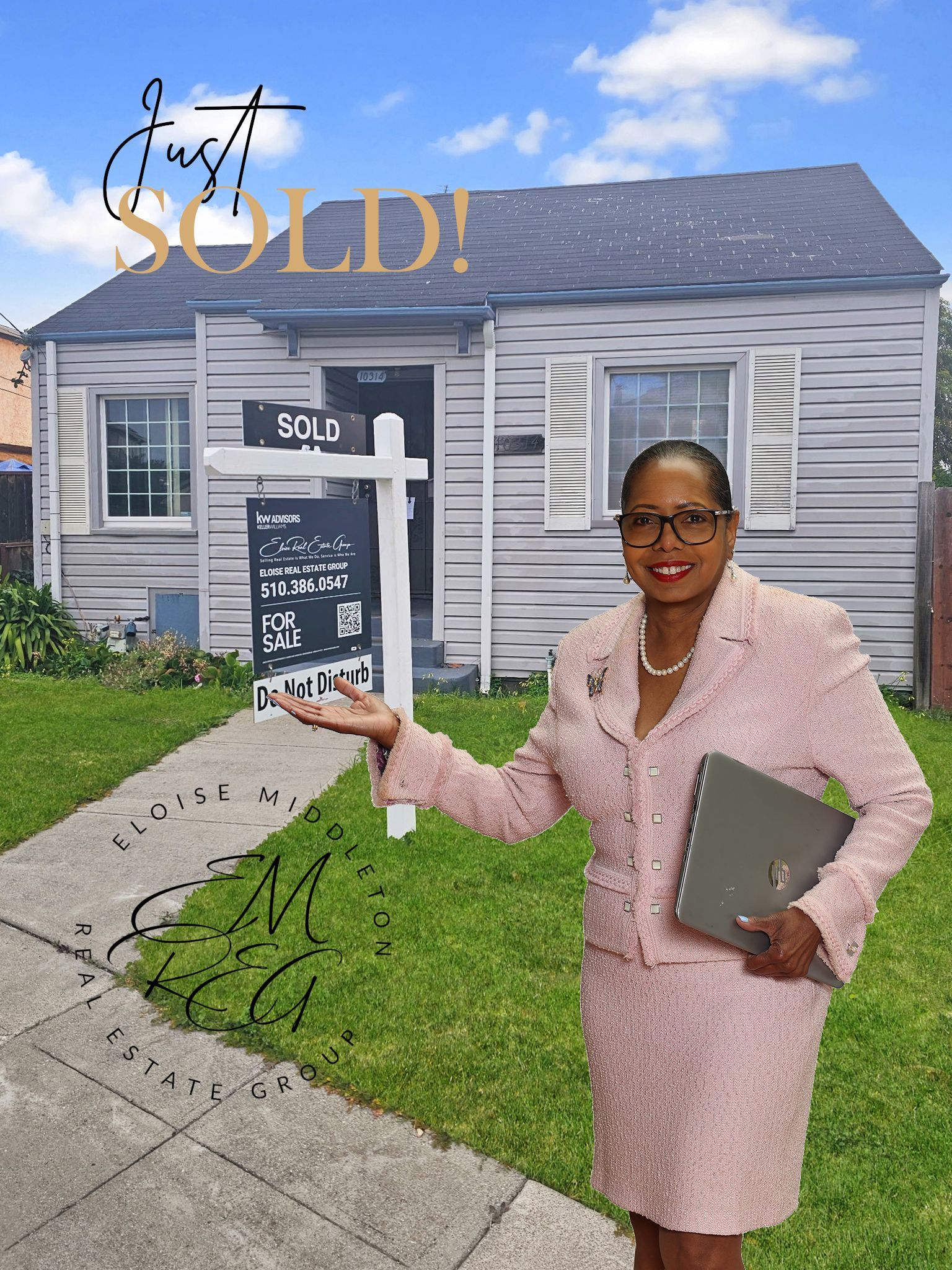 Eloise Middleton in front of a house with a