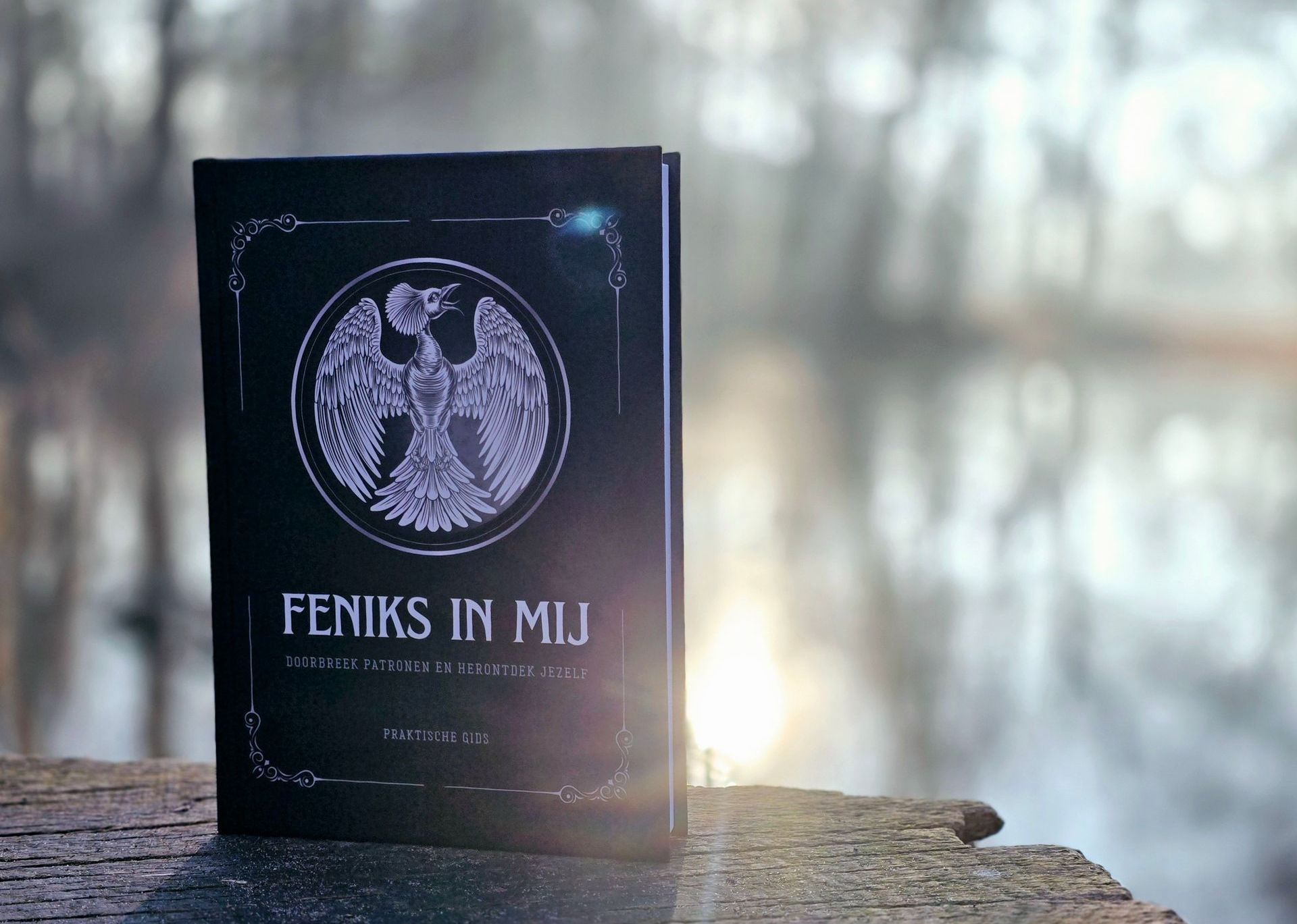 Een boek genaamd feniks in mij ligt op een houten tafel