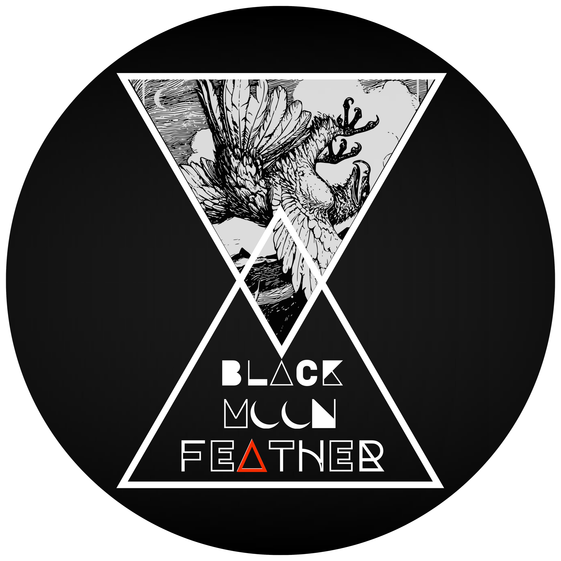 Een zwart-wit tekening van een vogel met zijn vleugels uitgespreid in een cirkel.