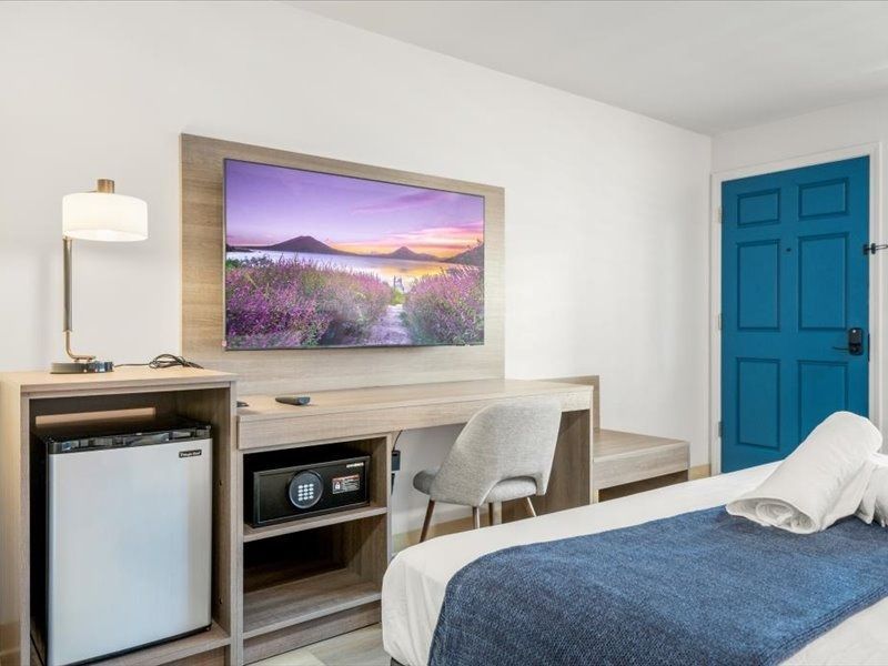Hotel room with bed, desk, mini fridge, TV, and bright blue door