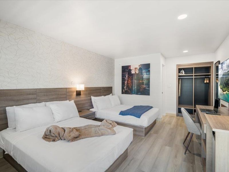 Modern hotel room with two beds, desk, open wardrobe, and bright white decor