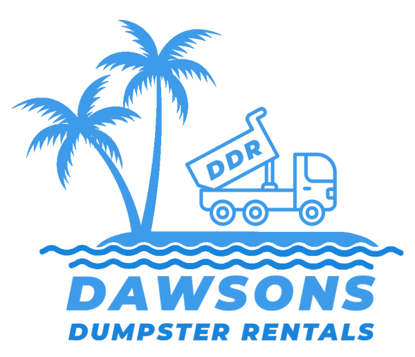 The logo for dawson 's dumpster rentals shows a dumpster on a tropical island.