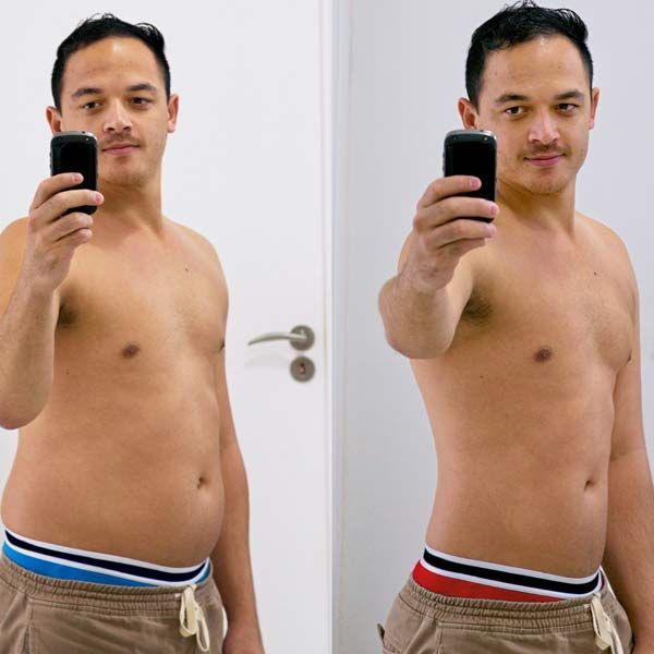 Two pictures of a shirtless man taking a selfie with his phone showing before and after body contouring results at Victory Medical Institute