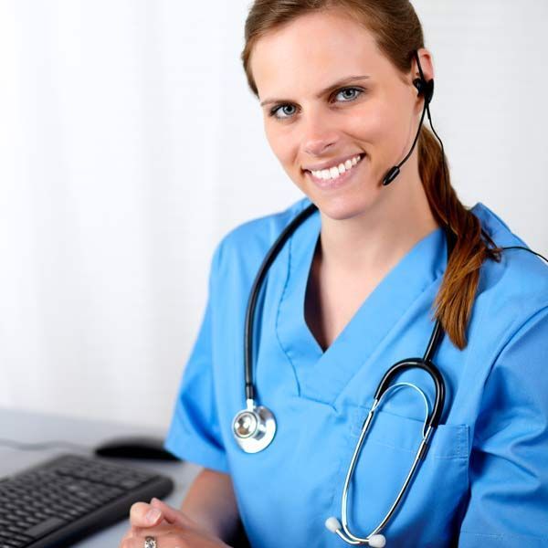 A smiling nurse wearing a headset and stethoscope around her neck saying Take the First Step Today and Contact Victory Medical Institute for a Medical Hair Regrowth Consultation