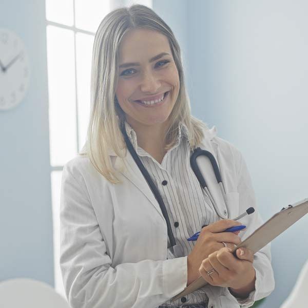 A female doctor is smiling while holding a clipboard and a pen sayin Contact Victory Medical Institute for a Spider Vein Treatment Consultation in NJ and Manhattan NY