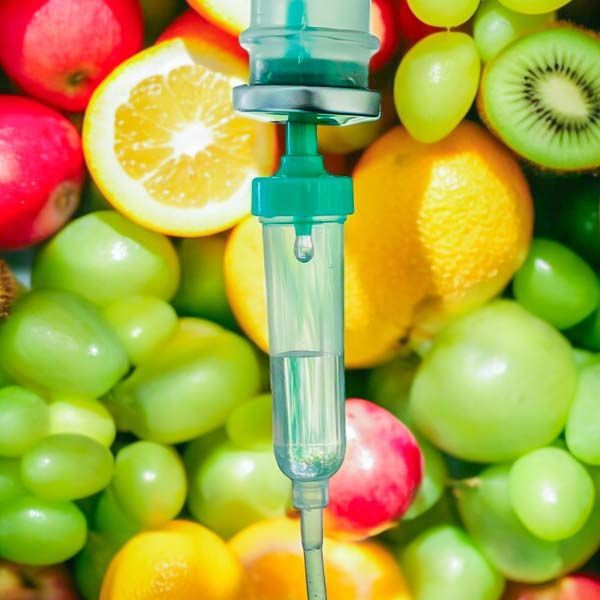 A syringe is sitting in front of a pile of fruit representing High Dose Vitamin C IV Therapy