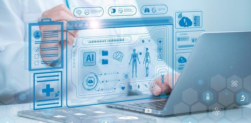 A doctor is using a laptop computer with a futuristic screen representing Medical Treatments NJ and NYC at Victory Medical Institute