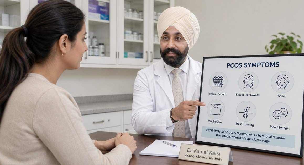 Dr. Kamal Kalsi is showing his female patient a chat of symptoms for Patients Seeking  PCOS  Treatment in NJ and NYC