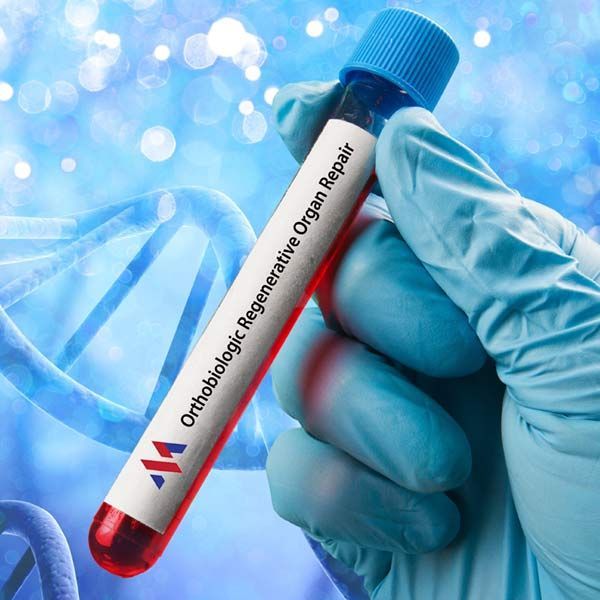 A hand is holding a test tube that says orthobiologic regenerative organ repair