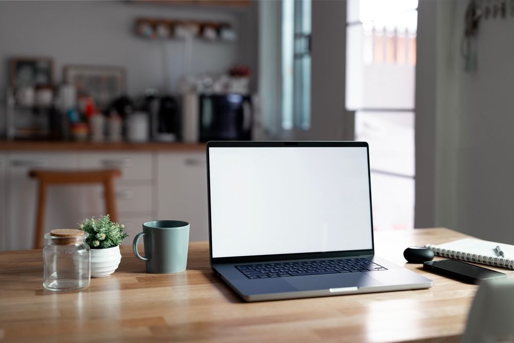 A laptop computer is sitting on a wooden table.