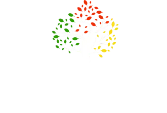 Green, red, and yellow leaves arranged in a curved, upward-pointing design against a white background.
