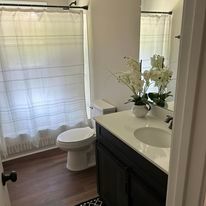 A bathroom with a toilet , sink , mirror and shower curtain.