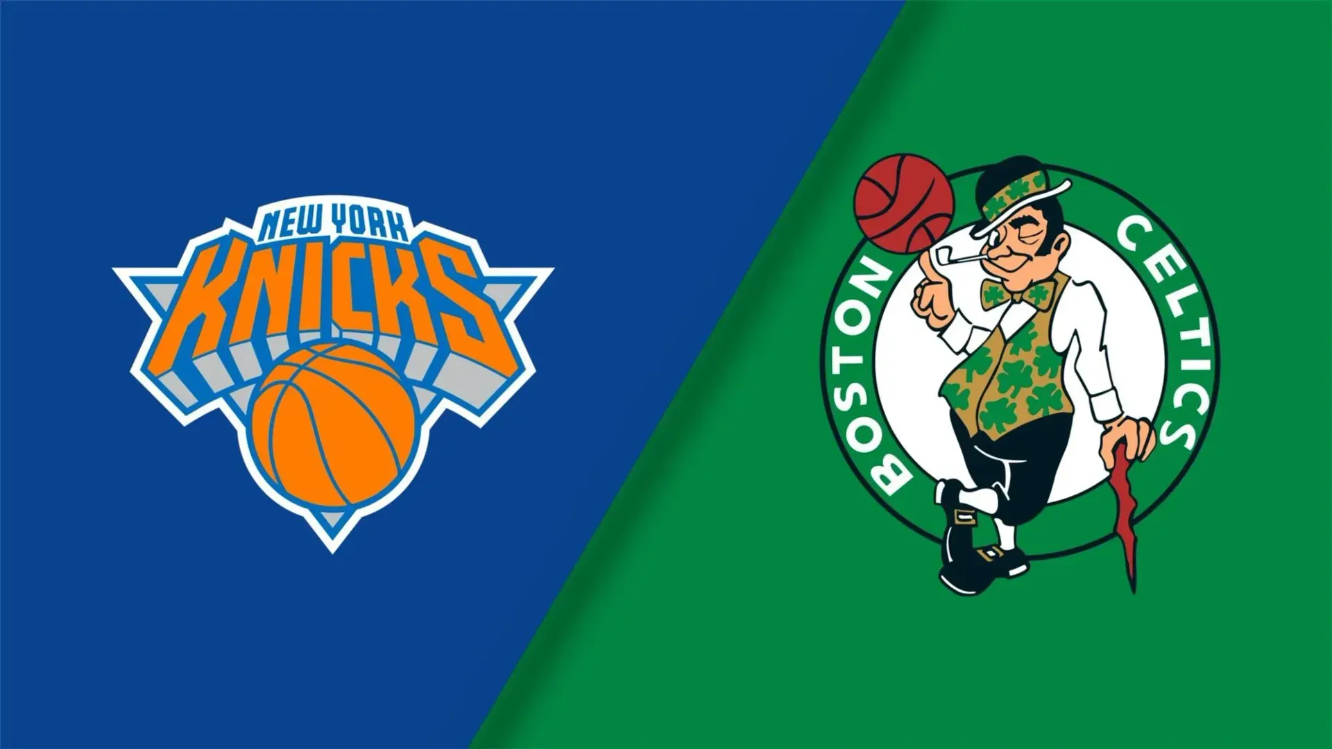 The new york knicks and boston celtics logos are on a blue and green background.