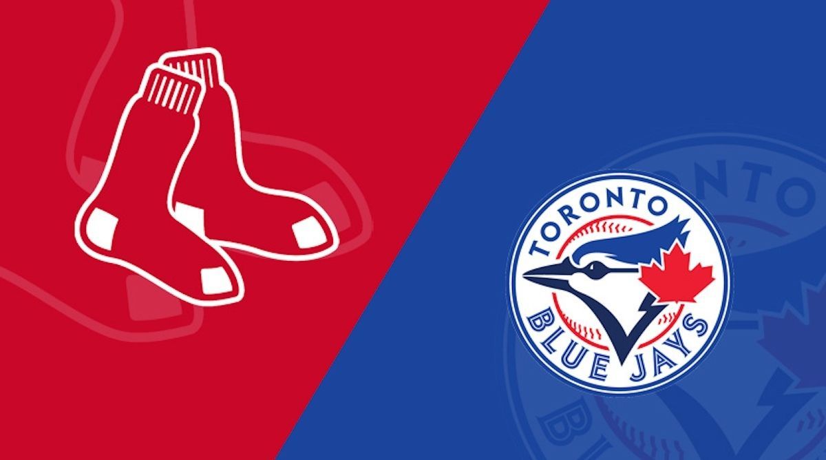 A red sox logo and a blue jays logo on a red and blue background.
