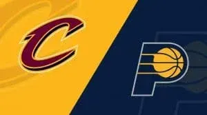 A cleveland cavaliers and indiana pacers logo on a yellow and blue background.