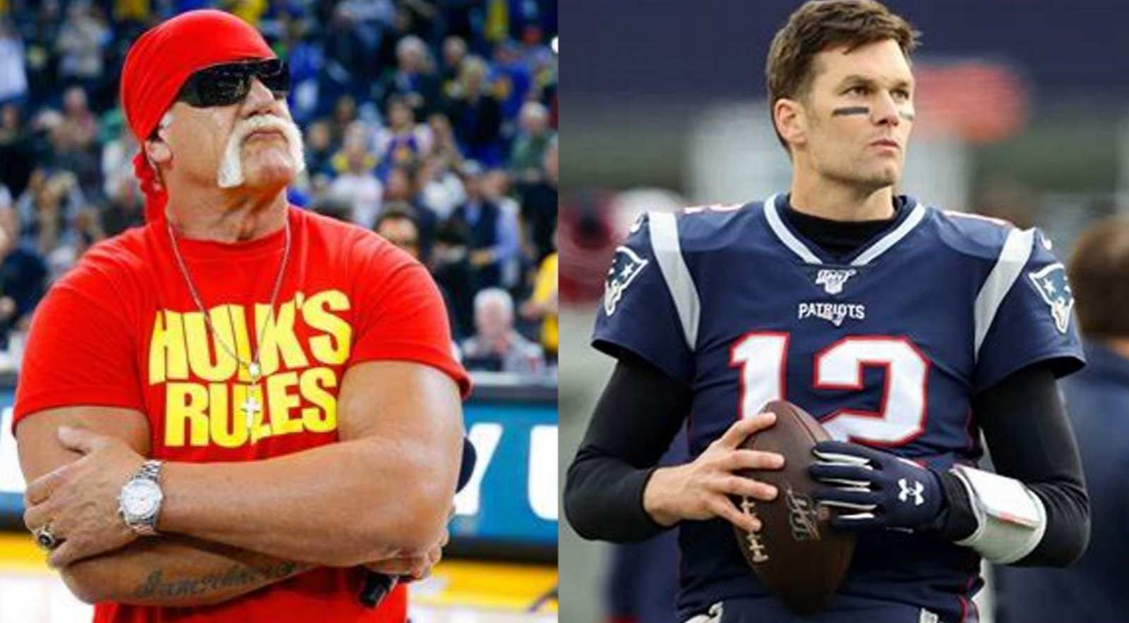 Hulk hogan and tom brady are standing next to each other on a football field.