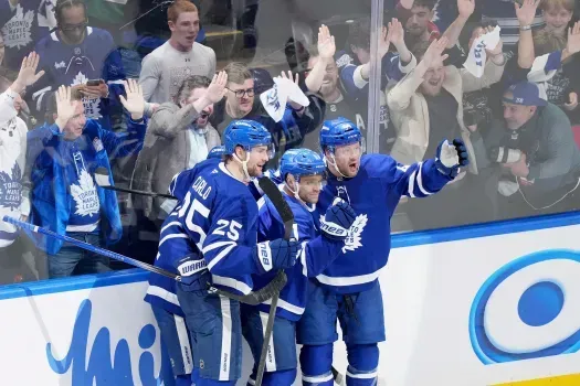 A group of hockey players are celebrating a goal in front of a crowd.