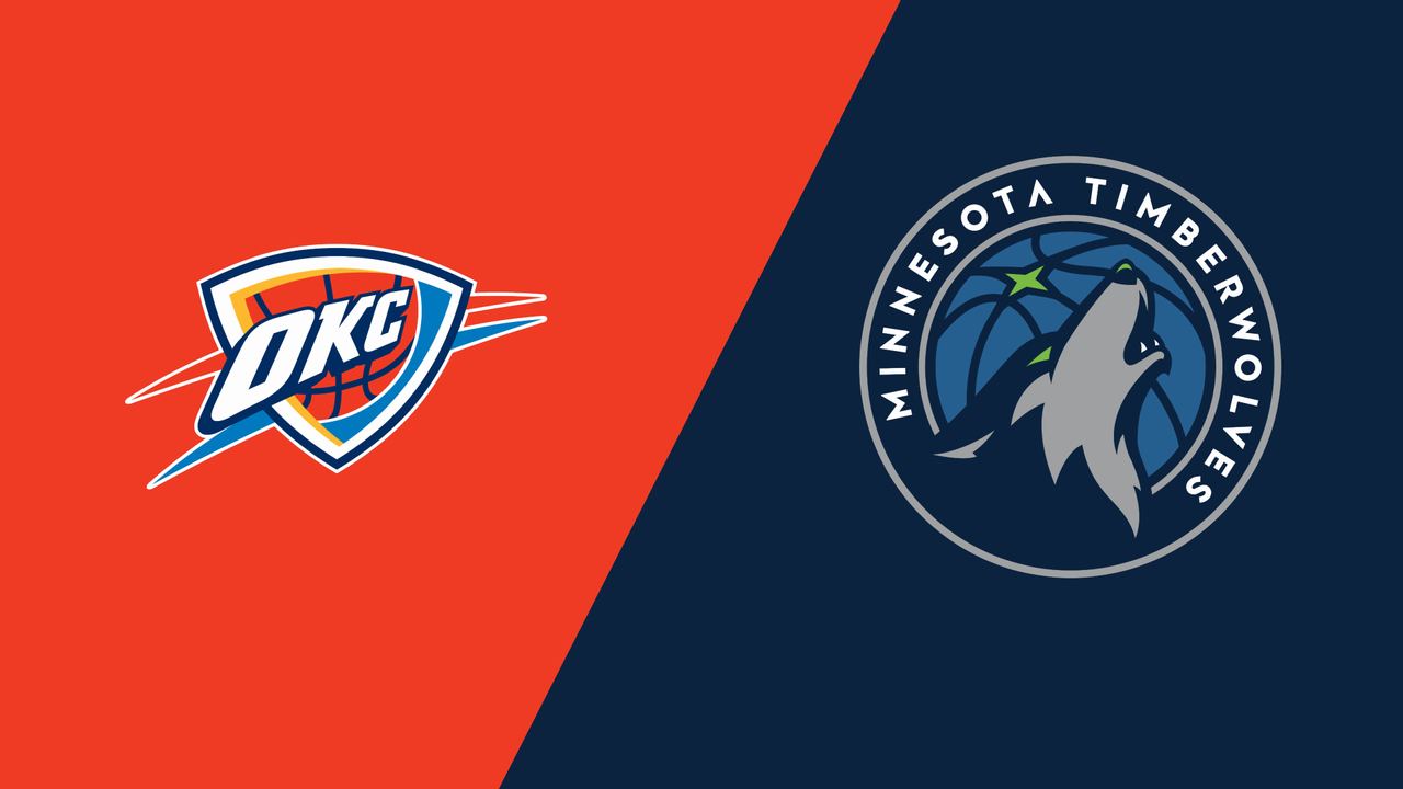 The okc storm chasers and minnesota timberwolves logos are on a red and blue background.