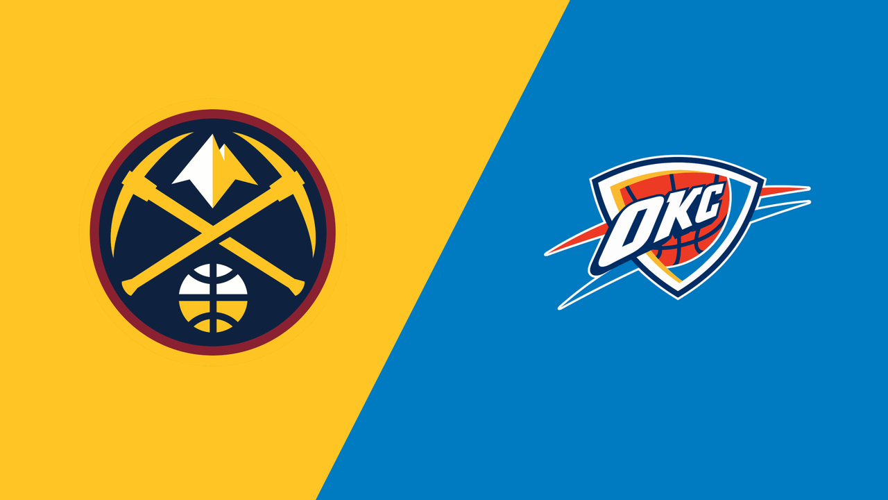 The denver nuggets and oklahoma city thunder logos are on a yellow and blue background.