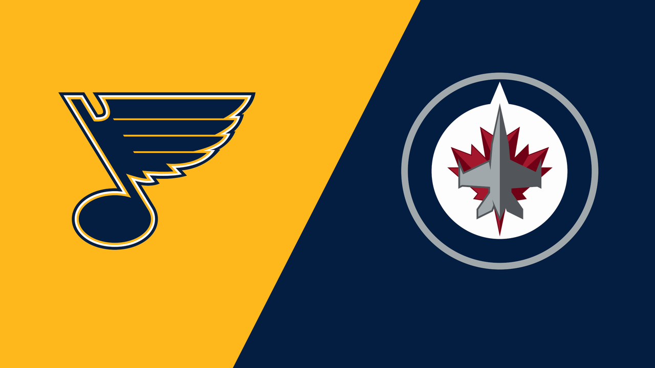 The logos for the st. louis blues and the jets are on a yellow and blue background.