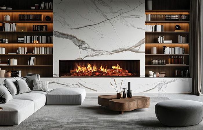 A living room with a fireplace and a couch.