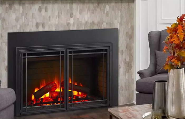 A living room with a fireplace and a chair.