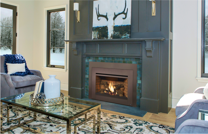 A living room with a fireplace and a glass coffee table.