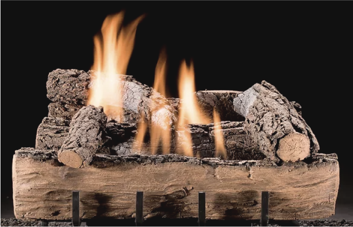 A fireplace with logs and flames coming out of it