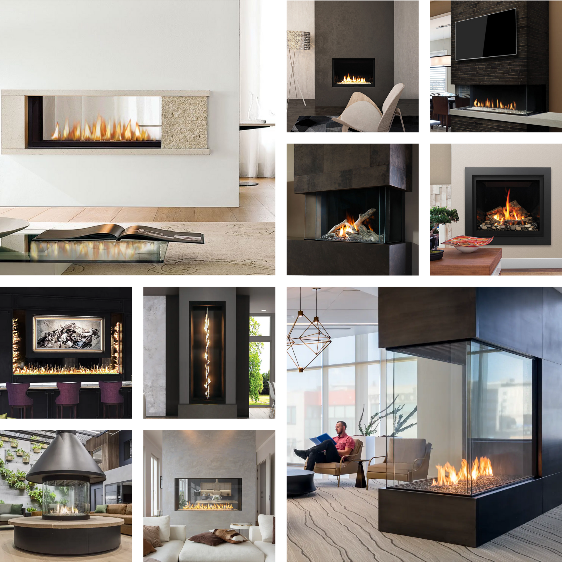 A collage of pictures of different types of fireplaces