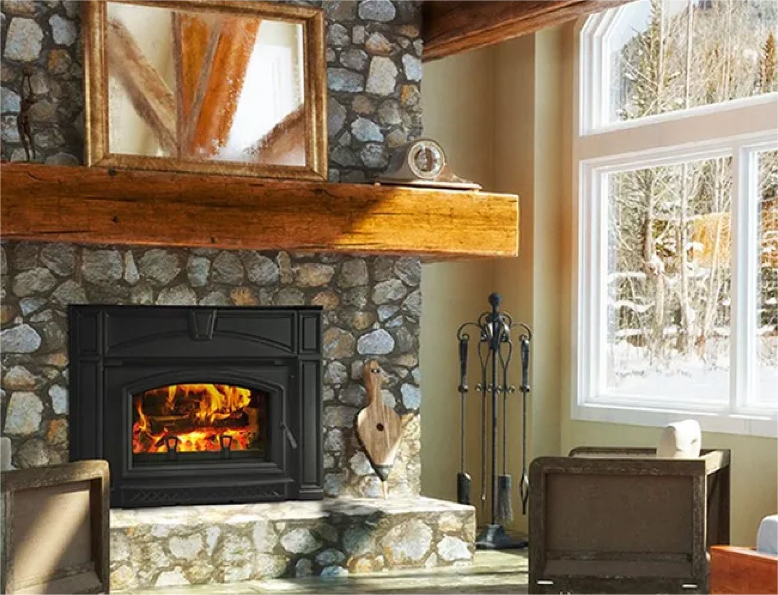 A living room with a fireplace and a large window