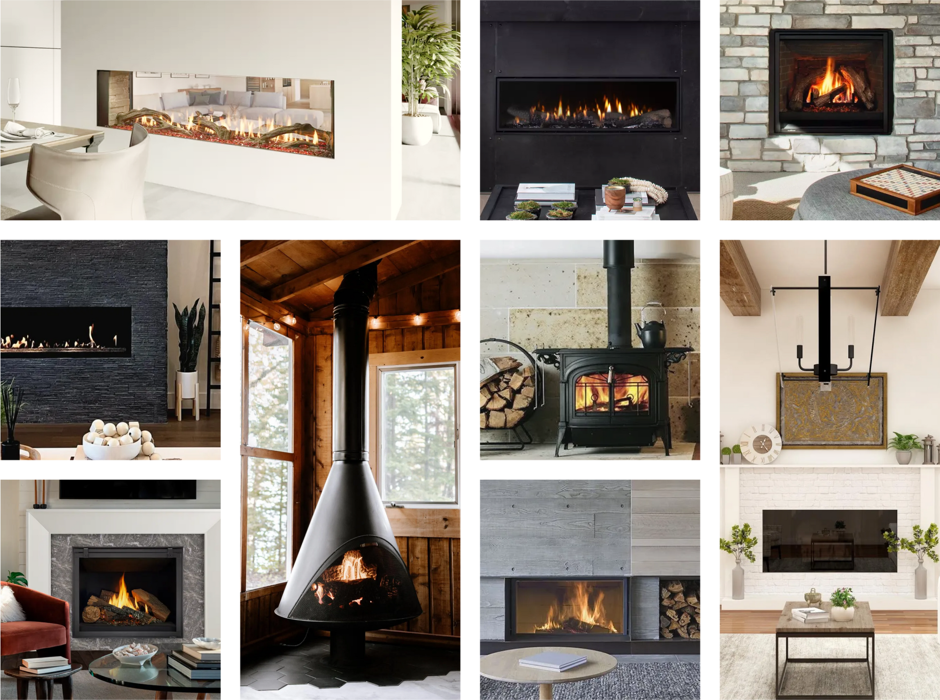 A collage of multiple types of fireplaces and designs