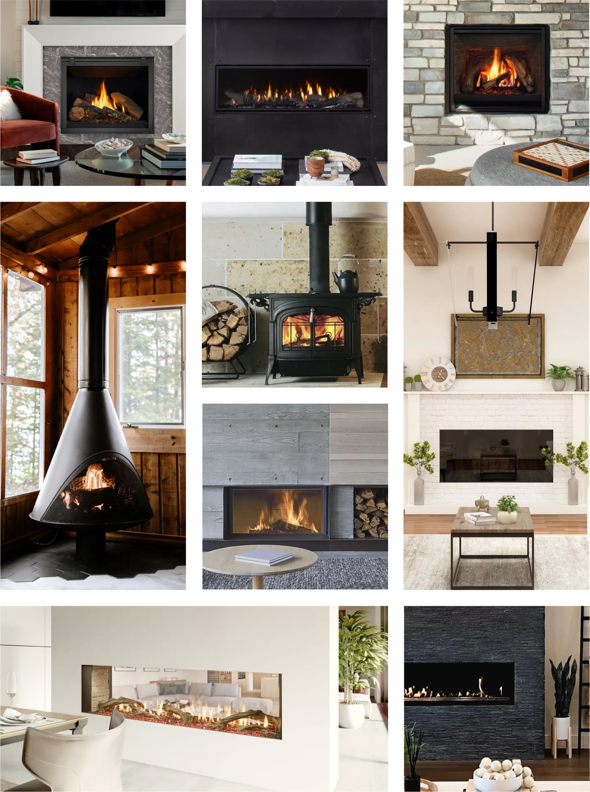 A collage of multiple types of fireplaces and designs