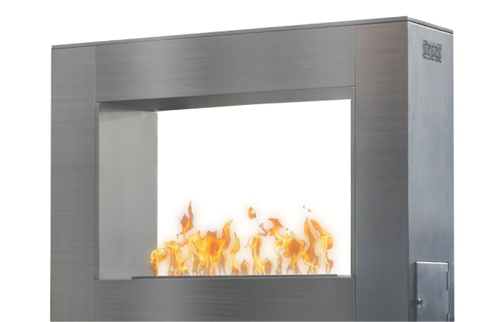 A stainless steel fireplace with a fire coming out of it.