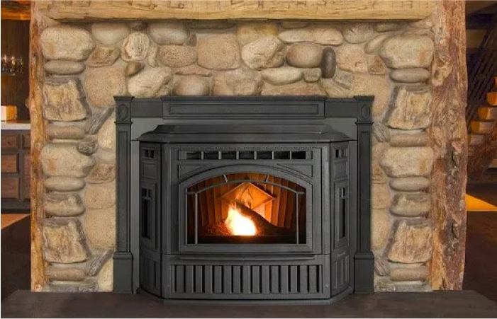 A fireplace with a pellet stove in it