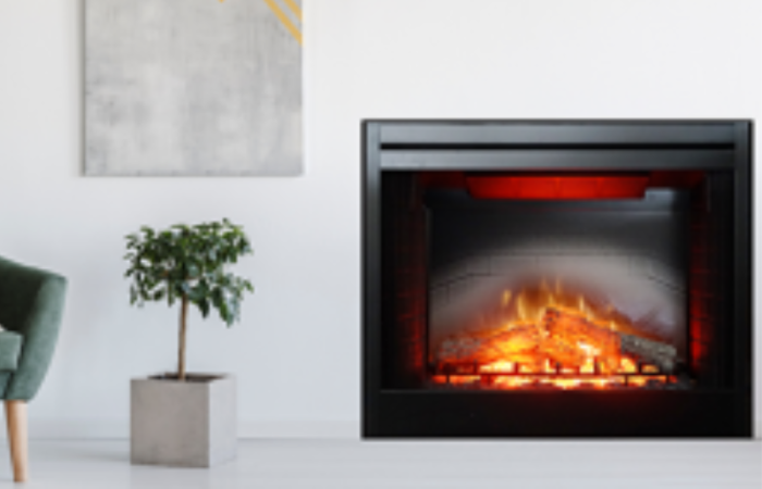 A living room with a fireplace , chair , and potted plant.