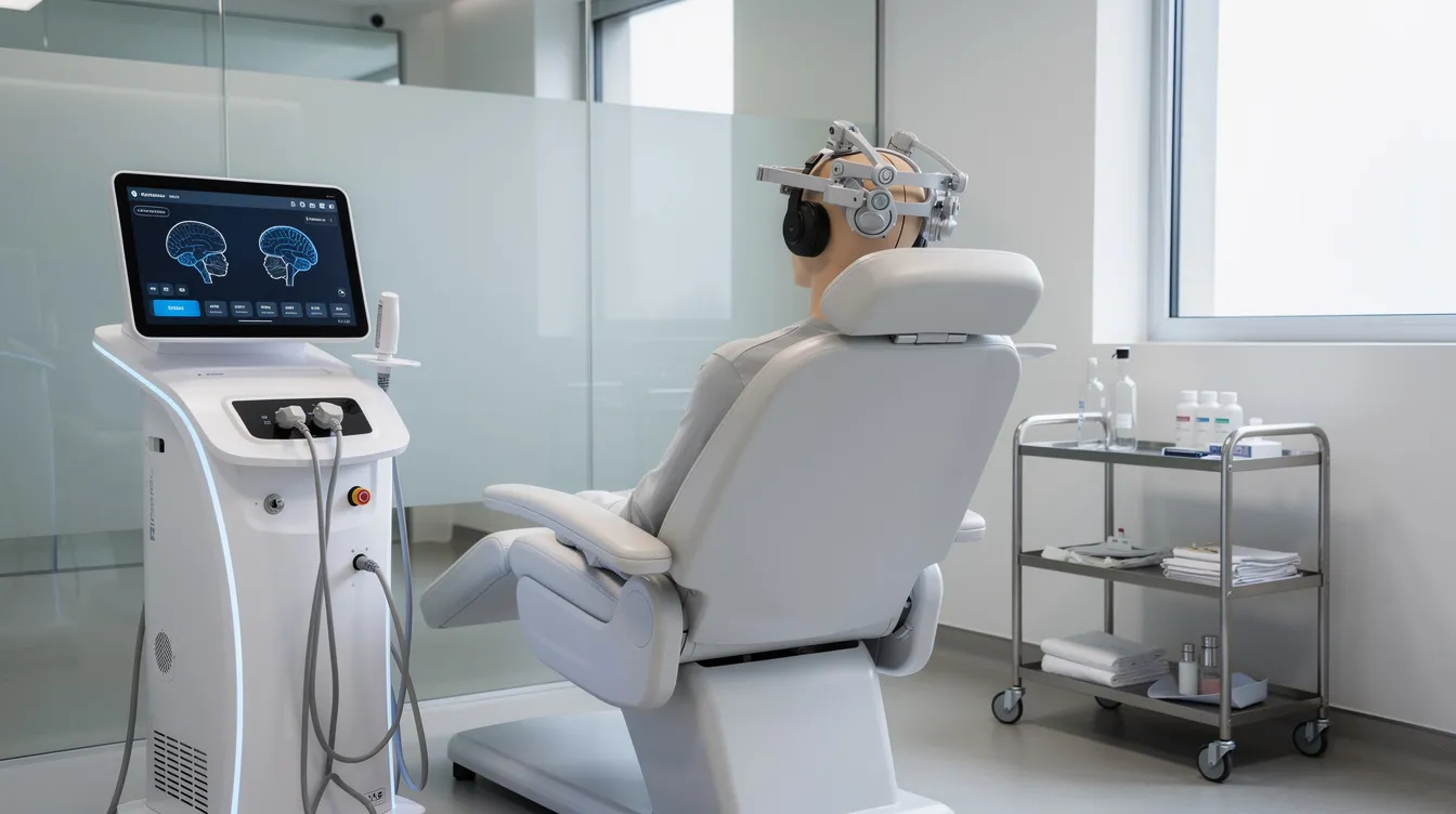 The image depicts modern brain stimulation equipment set up in a pristine clinical environment, highlighting advancements in mental health treatment for conditions like treatment-resistant depression and major depressive disorder. This non-invasive brain stimulation technology represents a promising approach in clinical trials aimed at alleviating severe depression symptoms.