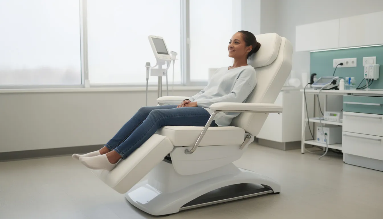 A person is seated comfortably in a modern medical treatment chair within a calm clinical environment, preparing for a transcranial magnetic stimulation (TMS) session aimed at alleviating symptoms of treatment-resistant depression. The setting is designed to promote relaxation as the TMS device administers repeated magnetic pulses to stimulate nerve cells in specific brain regions associated with mood regulation.