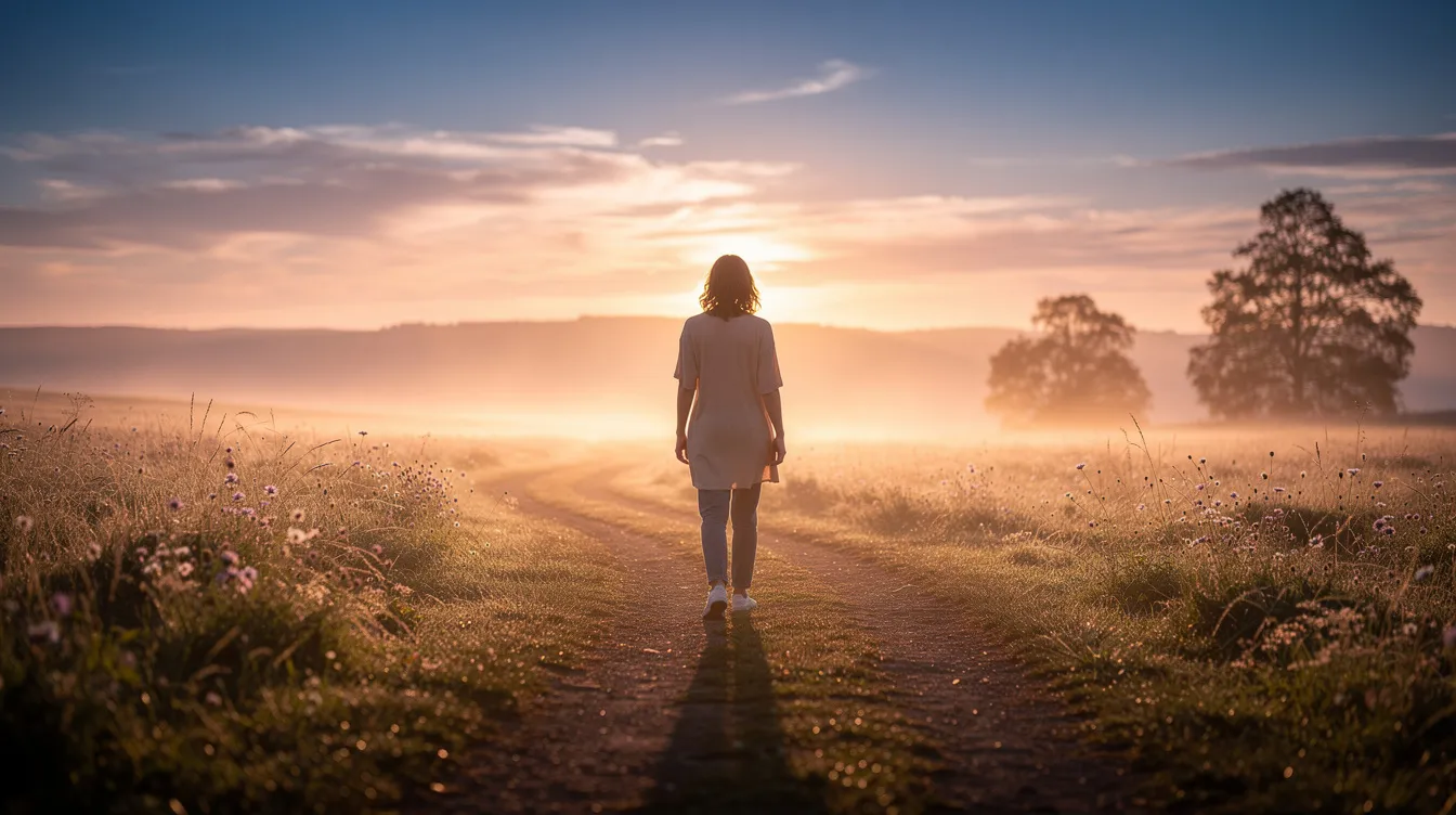 A person is walking along a peaceful path towards a vibrant sunrise, symbolizing new beginnings and hope. This image evokes feelings of optimism, which are essential in the context of mental health and treating depression symptoms, particularly for those experiencing major depressive disorder or treatment-resistant depression.