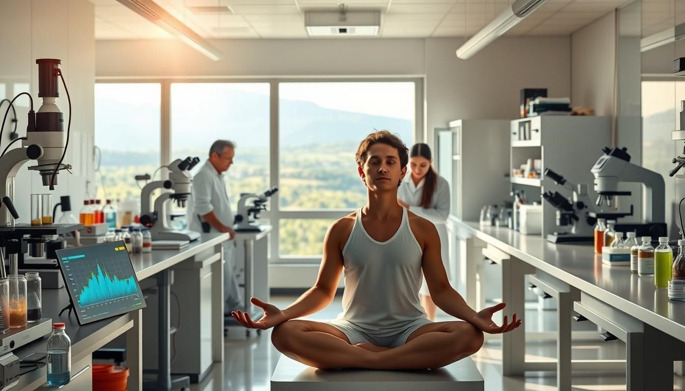 Person meditating in lab; two scientists work in background. Sunlight streams in.
