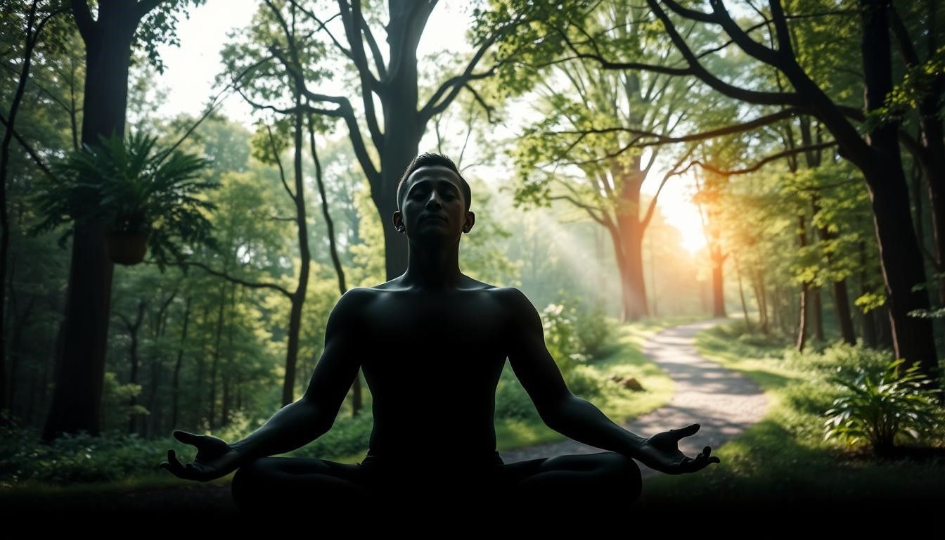 Man meditating in a forest, sunlight through trees.