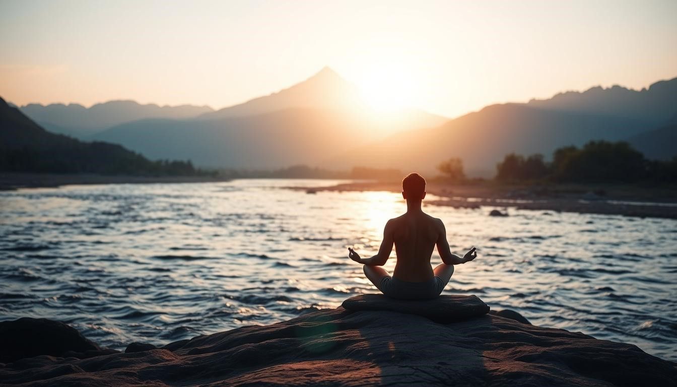 Person meditating at sunrise by river, mountains in background.