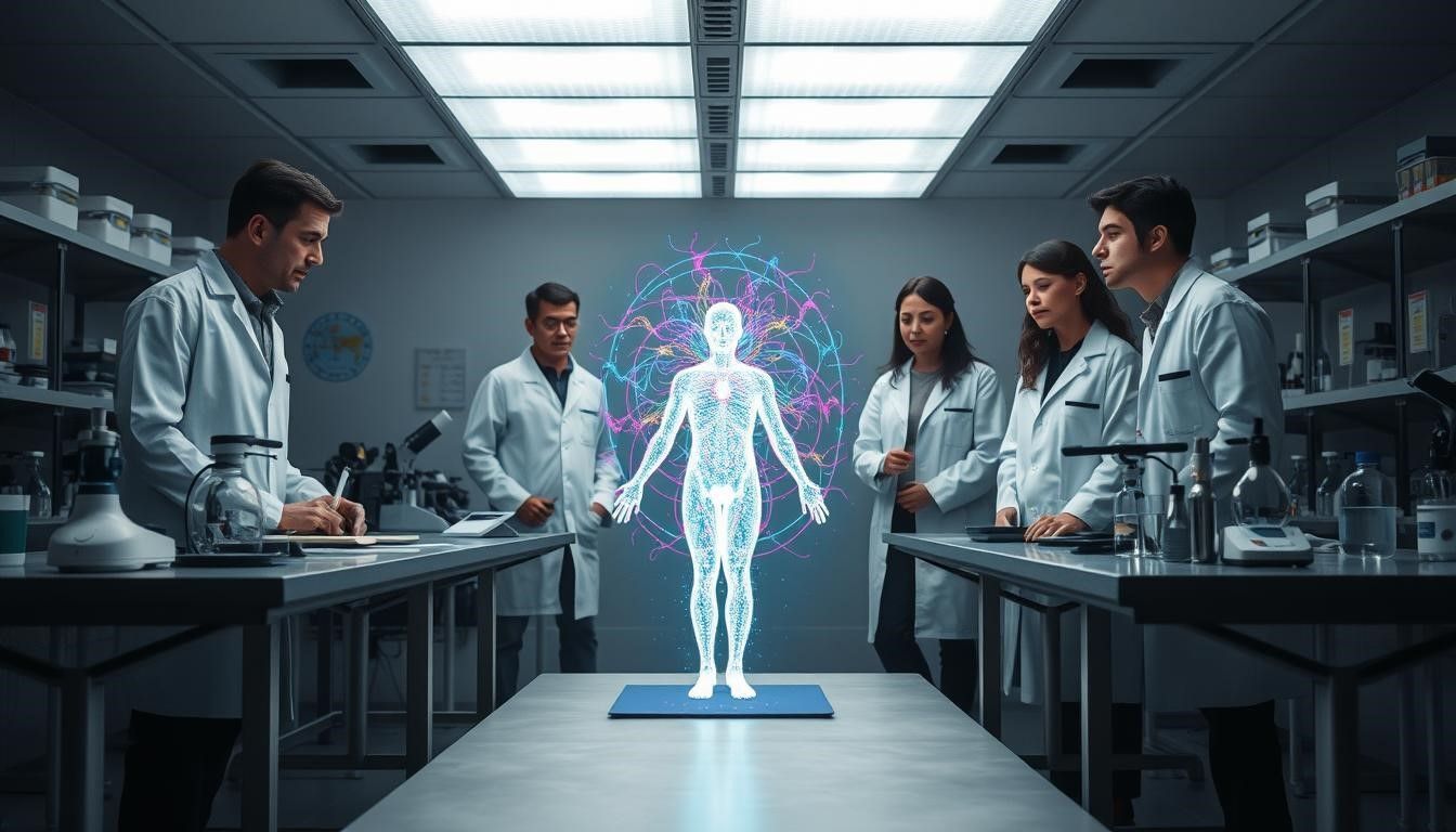 Scientists in a lab examining a holographic human body, a glowing brain-like sphere, and a blue mat.