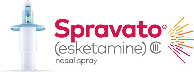 Logo for Spravato nasal spray, showing the device and text. The colors are white, red, and blue.