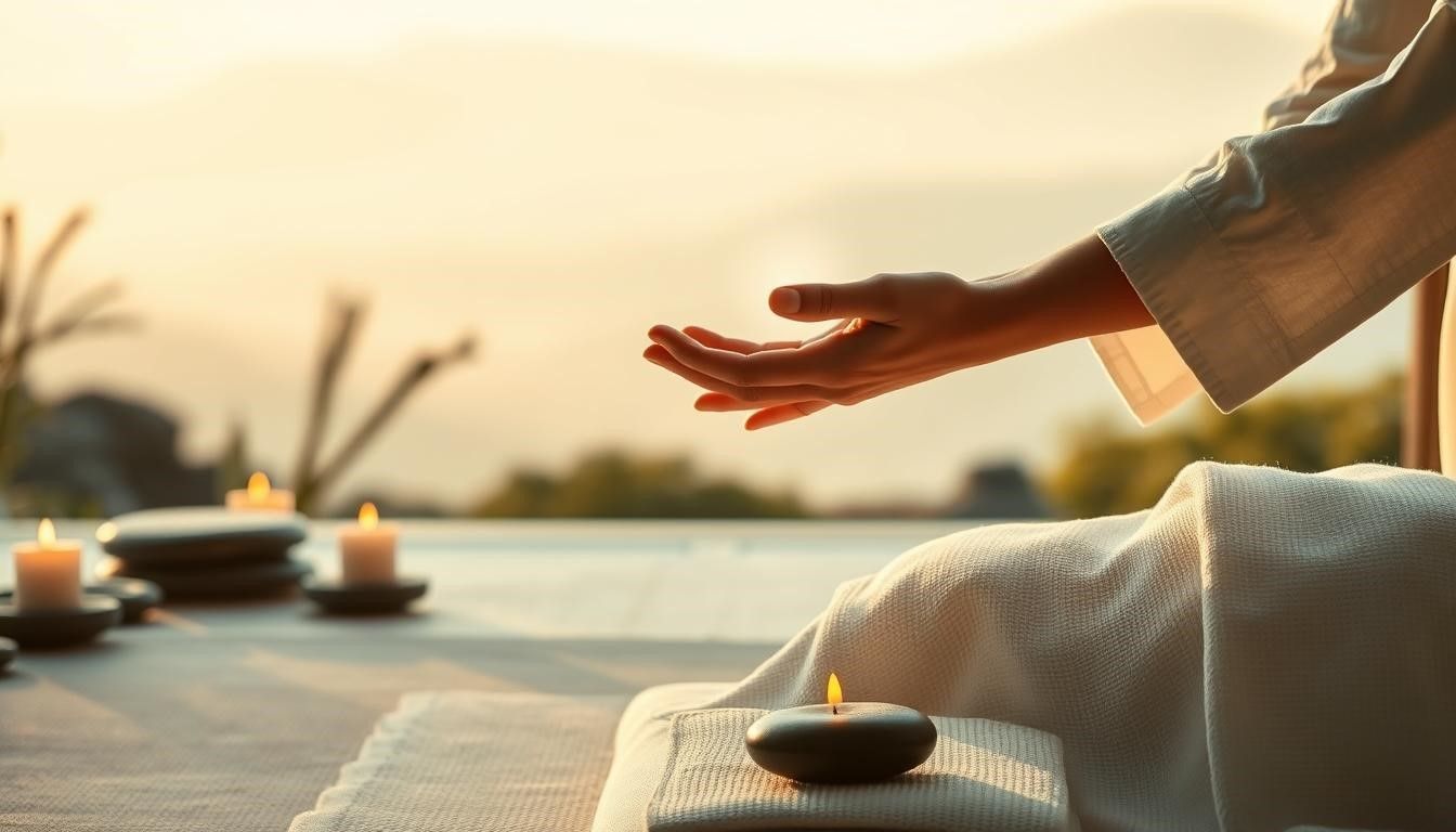 Person meditating at sunrise by river, mountains in background.