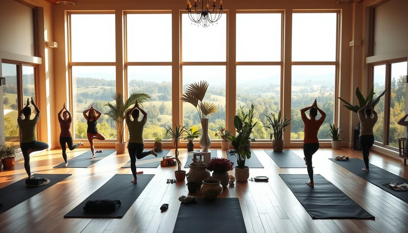 People doing yoga poses in a sunlit studio with a scenic outdoor view.