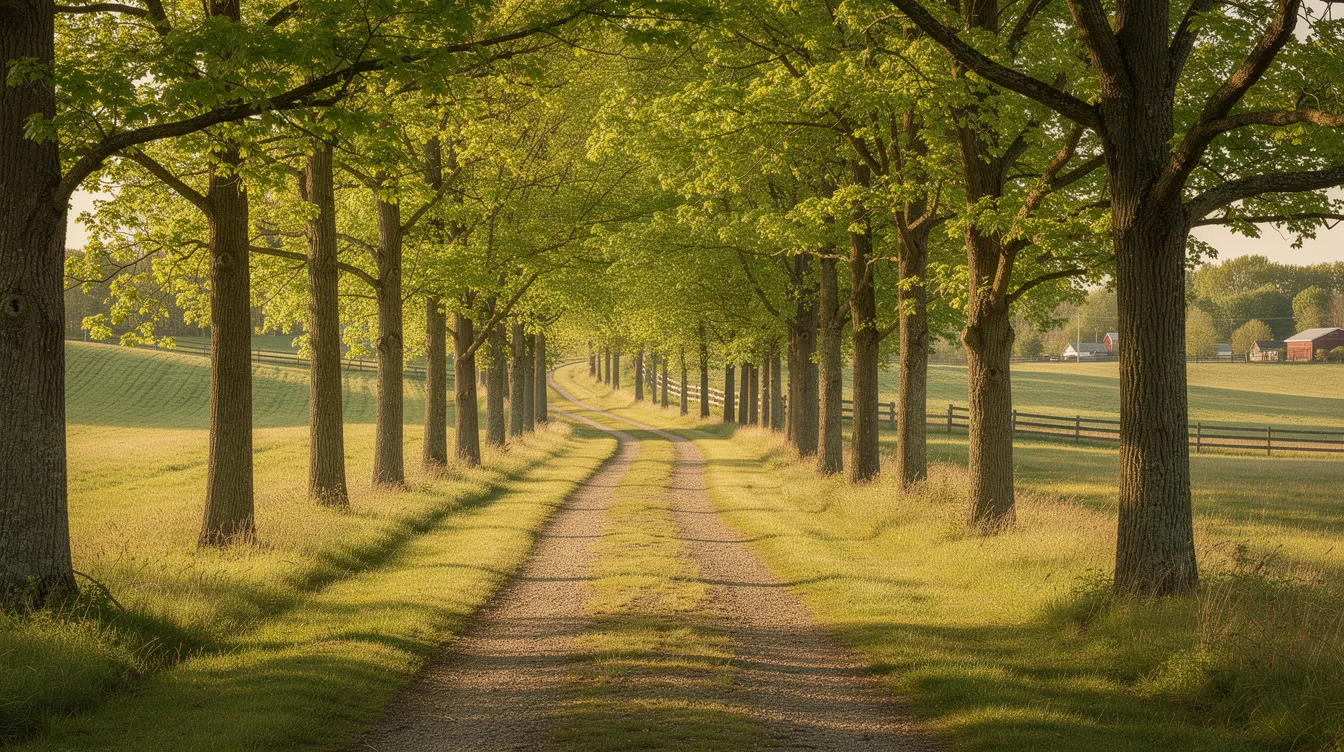 The image depicts a tranquil walking path surrounded by tall trees, with dappled sunlight filtering through the leaves, creating a serene atmosphere ideal for mindfulness practices that support both mental and physical health. This rural New Jersey landscape invites individuals to connect with nature, promoting emotional well-being and overall mental wellness.