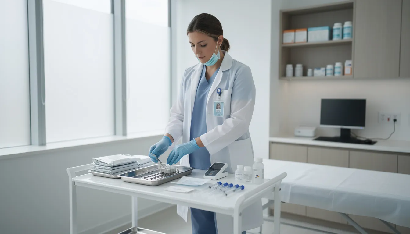 A healthcare professional is seen in a modern clinical office, preparing a TMS device and treatment equipment for a session aimed at addressing treatment-resistant depression. This noninvasive procedure utilizes magnetic pulses to stimulate nerve cells in specific brain regions, offering an alternative to traditional depression treatments.