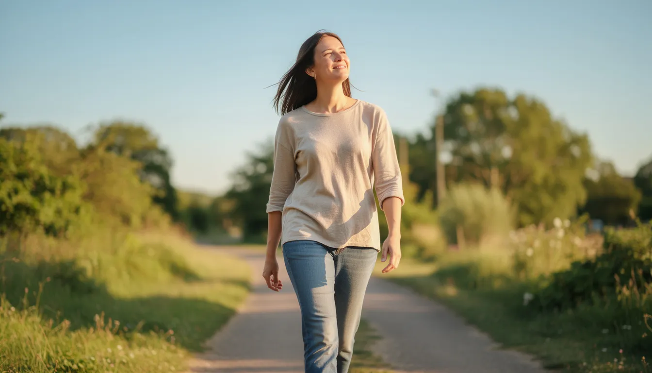 A person is walking outdoors on a bright day, exuding a sense of peace and hopefulness. This image reflects the positive effects of mental health treatments, such as transcranial magnetic stimulation (TMS), which can help alleviate depression symptoms and improve overall well-being.