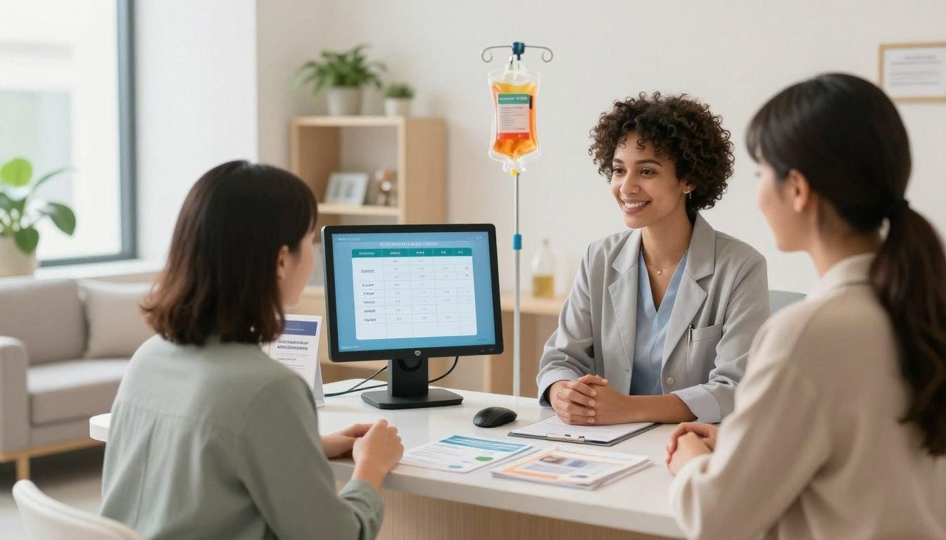 Two women consult with a medical professional at a desk; IV bag visible.